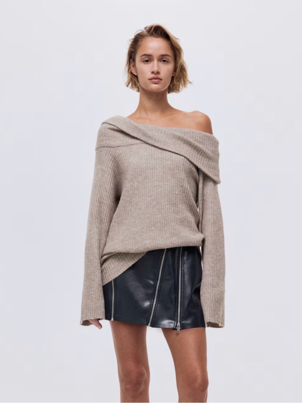 H&M Taupe Off-the-Shoulder Ribbed Sweater